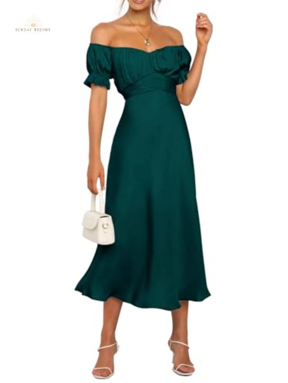 Satin Off Shoulder Midi Dress Off Shoulder Puff Sleeve Wedding Guest